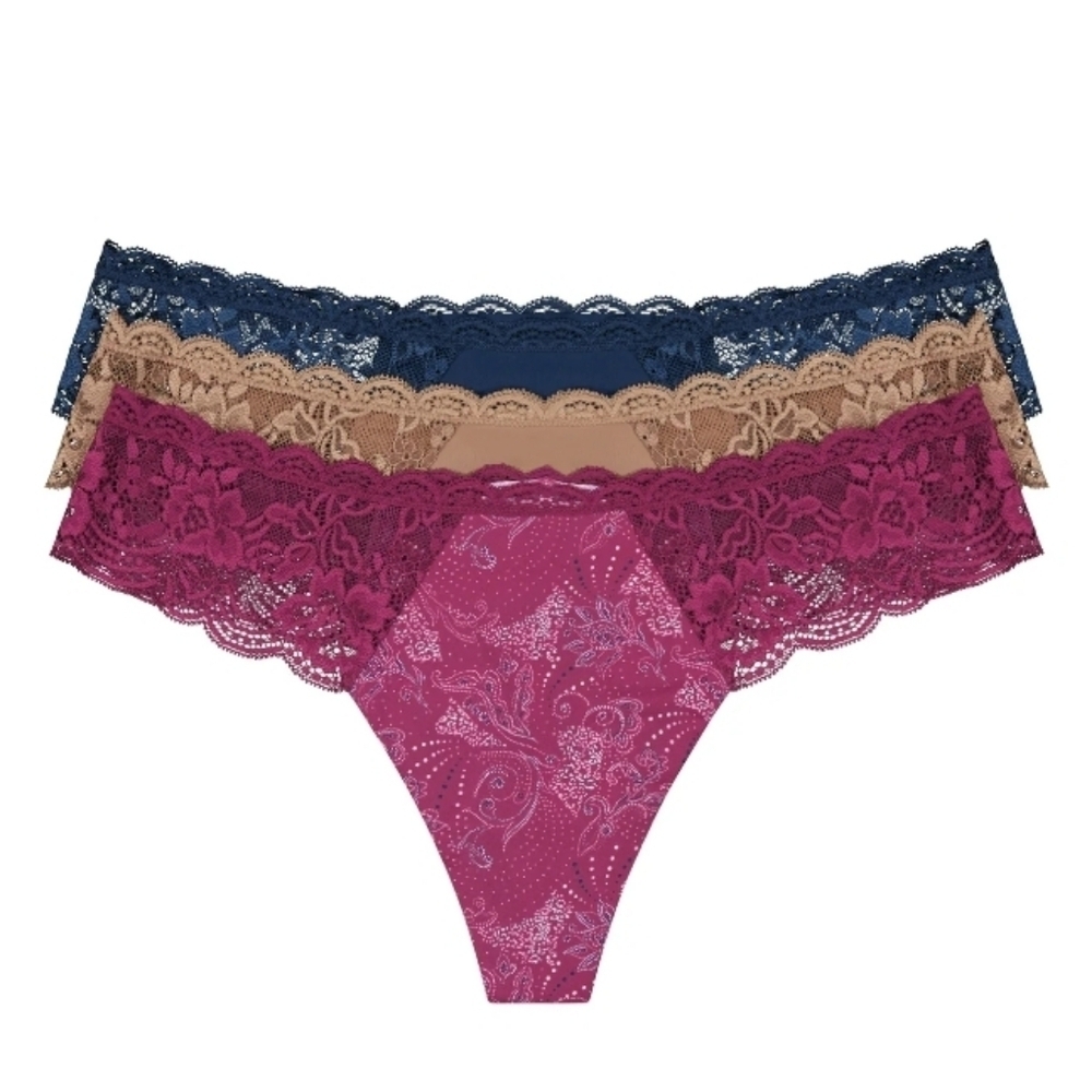 NWT Joyspun Women's Microfiber & Lace Thong Panties Underwear 3-Pack S 4-6